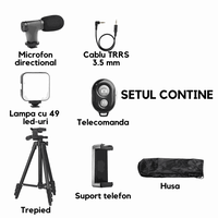 Kit Vlogging pentru Filmari Youtube, TikTok, compatibil cu Aparat Foto/Smartphone Trepied Microfon Lampa LED Telecomanda - 6