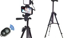 Kit Vlogging pentru Filmari Youtube, TikTok, compatibil cu Aparat Foto/Smartphone Trepied Microfon Lampa LED Telecomanda