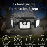 Lampa LED de perete cu incarca solara, 3 corpuri, 15W,rezistenta la apa IP65, raza actiune 25 m2,unghi larg de iluminare - 14