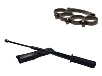 Set baston telescopic flexibil negru maner tip tonfa 47 cm + box craniu negru - 1