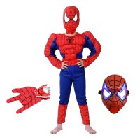 Set costum clasic Spiderman cu muschi IdeallStore®, 3-5 ani, 100-110 cm, rosu, manusa discuri si masca LED - 1