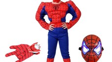 Set costum clasic Spiderman cu muschi IdeallStore®, 3-5 ani, 100-110 cm, rosu, manusa discuri si masca LED