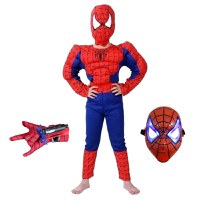 Set costum clasic Spiderman cu muschi IdeallStore®, 3-5 ani, 100-110 cm, rosu, manusa ventuze si masca LED - 1