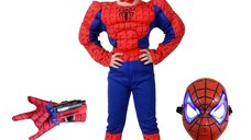 Set costum clasic Spiderman cu muschi IdeallStore®, 3-5 ani, 100-110 cm, rosu, manusa ventuze si masca LED