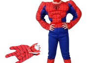 Set costum clasic Spiderman cu muschi IdeallStore®, 3-5 ani, 100-110 cm, rosu si manusa cu discuri