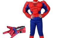 Set costum clasic Spiderman cu muschi IdeallStore®, 3-5 ani, 100-110 cm, rosu si manusa cu ventuze