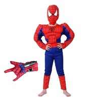 Set costum clasic Spiderman cu muschi IdeallStore®, 3-5 ani, 100-110 cm, rosu si manusa cu ventuze - 1