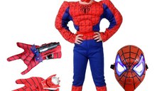 Set costum clasic Spiderman cu muschi IdeallStore®, 7-9 ani, 120-130 cm, manusa ventuze, discuri si masca LED