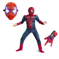 Set costum cu muschi Spiderman, 7-9 ani, manusa cu lansator si masca plastic LED, rosu - 1