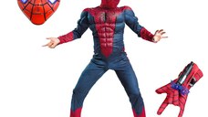 Set costum cu muschi Spiderman, 7-9 ani, manusa cu lansator si masca plastic LED, rosu