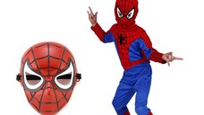 Set costum First Spiderman IdeallStore® pentru copii, 100% poliester, 100-110 cm si masca plastic