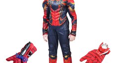 Set costum Iron Spiderman IdeallStore®, New Era, rosu, 3-5 ani, doua manusi cu ventuze si discuri