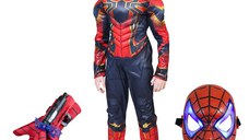 Set costum Iron Spiderman IdeallStore®, New Era, rosu, 3-5 ani, manusa cu ventuze si masca LED