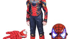 Set costum Iron Spiderman IdeallStore®, New Era, rosu, 5-7 ani, manusa cu discuri si masca LED