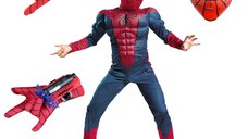 Set costum Spiderman cu muschi, pentru 3-5 ani, 2 lansatoare si masca plastic LED, rosu