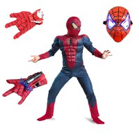 Set costum Spiderman cu muschi, pentru 3-5 ani, 2 lansatoare si masca plastic LED, rosu - 1