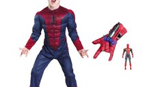 Set costum Spiderman cu muschi si manusa cu ventuze si figurina, IdeallStore®, marime M, 5-7 ani, rosu