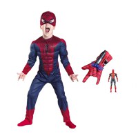 Set costum Spiderman cu muschi si manusa cu ventuze si figurina, IdeallStore®, marime M, 5-7 ani, rosu - 1