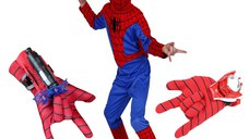 Set costum Spiderman S, 100-110 cm si doua manusi cu ventuze si discuri, rosu