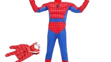 Set costum Ultimate Spiderman IdeallStore® pentru copii, 100% poliester, 110-120 cm, rosu si manusa cu discuri