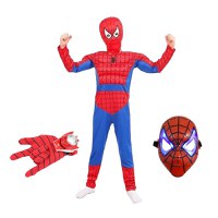 Set costum Ultimate Spiderman IdeallStore® pentru copii, 100% poliester, 120-130 cm, rosu, manusa discuri si masca LED - 1