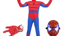 Set costum Ultimate Spiderman IdeallStore® pentru copii, 100% poliester, 120-130 cm, rosu, manusa discuri si masca LED