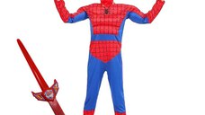 Set costum Ultimate Spiderman IdeallStore® pentru copii, 100% poliester, 120-130 cm, rosu si sabie cu lumini