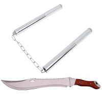 Set maceta de vanatoare IdeallStore®, Knife of Mind, otel inoxidabil, argintie, 46 cm si nunceag metalic - 1