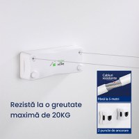 Uscator de rufe cu sfoara dubla retractabila, GlowforHome, montabil pe perete, otel inoxidabil, baie, balcon,500 cm, alb - 2