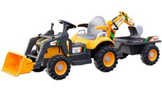 Tractoras electric pentru copii cu remorca, incarcator frontal si cupa spate, Kinderauto BRJ1588, 70W, 12V, galben