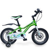 Bicicleta pentru copii 3-6 ani KidsCare HappyCycles 14 inch cu roti ajutatoare si frane pe disc verde - 1