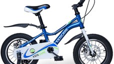 Bicicleta pentru copii 5-8 ani KidsCare HappyCycles 16 inch cu roti ajutatoare si frane pe disc albastru