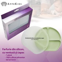 Farfurie compartimentata din silicon cu ventuza si capac AppeKids Raw Green - 1