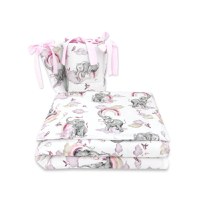 Lenjerie patut 3 piese Qmini cu protectie laterala din bumbac 140x70 cm Elephants on Rainbow Pink - 3