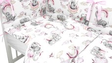 Lenjerie patut 3 piese Qmini cu protectie laterala din bumbac 140x70 cm Elephants on Rainbow Pink