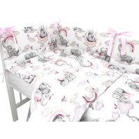 Lenjerie patut 3 piese Qmini cu protectie laterala din bumbac 140x70 cm Elephants on Rainbow Pink - 1