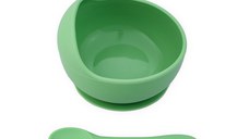 Set castron, farfurie cu ventuza, lingurita si capac verde pal