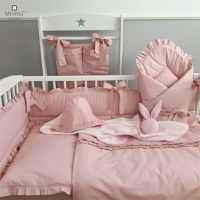 Set lenjerie patut 5 piese cu volanase cu pilota si perna din bumbac pentru patut 120x60 cm Colectia Royal Powder Pink MimiNu - 5