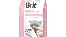 BRIT GF Veterinary Diet Hypoallergenic, Somon cu Mazăre, dietă veterinară pisici, hrană uscată fără cereale, afecțiuni digestive și dermatologice, 5kg