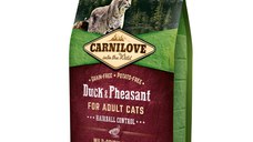 CARNILOVE Hairball Control, Rață și Fazan, hrană uscată fără cereale pisici, limitarea ghemurilor de blană, 2kg