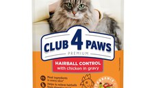 CLUB 4 PAWS Premium Hairball Control, Pui, plic hrană umedă pisici, limitarea ghemurilor de blană, (în sos), 80g