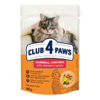 CLUB 4 PAWS Premium Hairball Control, Pui, plic hrană umedă pisici, limitarea ghemurilor de blană, (în sos), 80g - 1