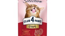 CLUB 4 PAWS Premium Selection Stripsuri, Curcan și Morcov, plic hrană umedă pisici, (în supă), 85g