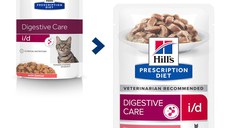 HILL'S Prescription Diet i/d Sensitive Digestive Care, Somon, dietă veterinară pisici, plic hrană umedă, sistem digestiv, 85g x 12buc