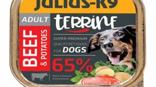 JULIUS-K9 Terrine, XS-S, Vită și Cartofi, tăviță hrană umedă câini, (pate), 150g