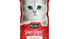 KIT CAT Purr Puree Plus Skin & Coat, Ton, plic, punguță recompense funcționale fără cereale pisici, piele & blană, (piure), 15g x 4buc