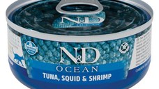 N&D Ocean, Ton și Calamar, conservă hrană umedă fără cereale pisici, (în sos), 70g