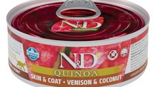 N&D Quinoa Skin&Coat, Vânat și Cocos, conservă hrană umedă fără cereale pisici, piele & blană, (în sos), 80g