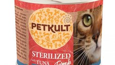 PETKULT Sterilised, Ton, conservă hrană umedă fără cereale pisici, 185g