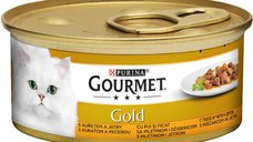 PURINA Gourmet Gold, Pui și Ficat, conservă hrană umedă pisici, (bucăti în sos), 85g